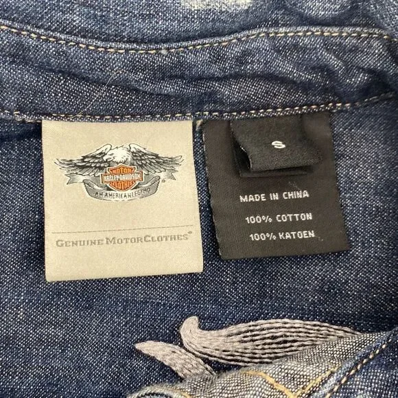 Harley Davidson Womens S Pearl Snap Close Studded  Denim Jean Shirt Roll Tab  Bl - Picture 10 of 12